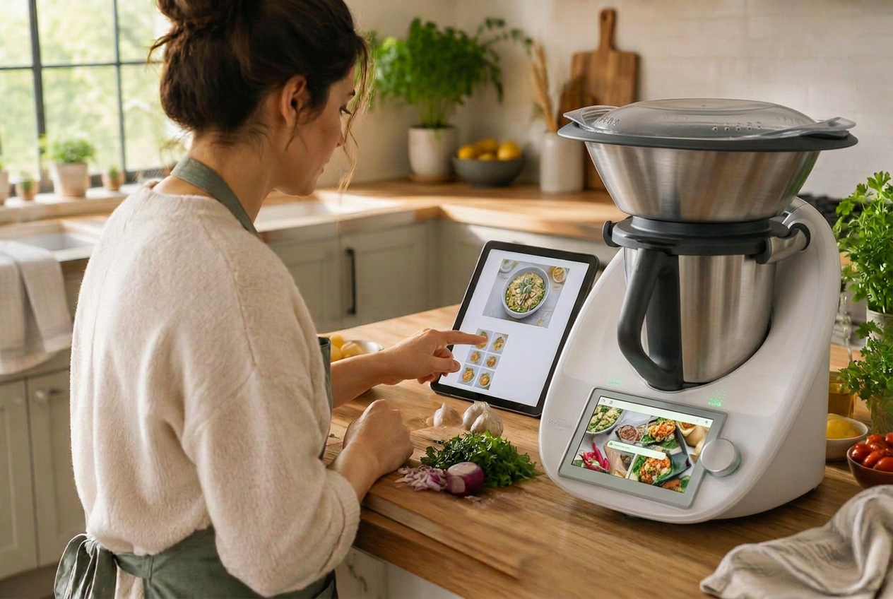 Illustration of a woman in a cream sweater and olive-green apron at a wooden kitchen counter, browsing recipes on a tablet next to a modern white all-in-one kitchen machine with a large colour touchscreen showing recipes, a silver control dial and a stainless steel mixing bowl with lid.