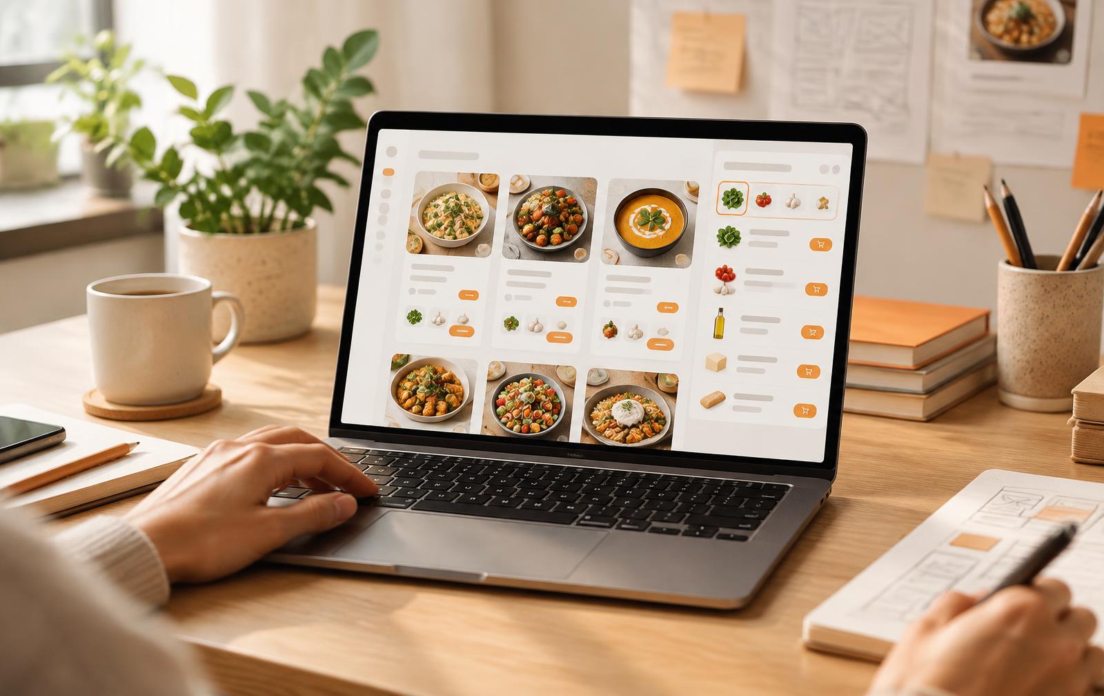 Illustration of a person seated at a wooden desk with a coffee mug, pencils and notebooks with wireframe sketches, using a laptop that shows a prototype food-ordering or meal-planning website with photos of prepared dishes and an ingredients sidebar with shopping cart icons.
